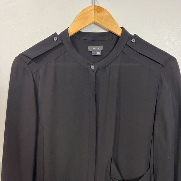 Theory Women's Size Large  Black Long Sleeves Button-Up Silk Shirt Blouse - Picture 3 of 10